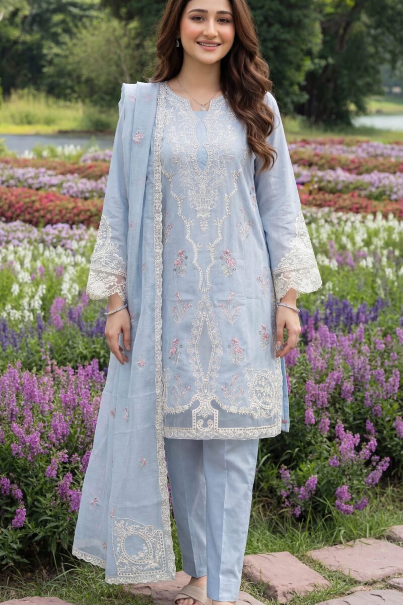 FB-275 | Ash Blue | 3 Pcs Unstitch With Cotton Trouser