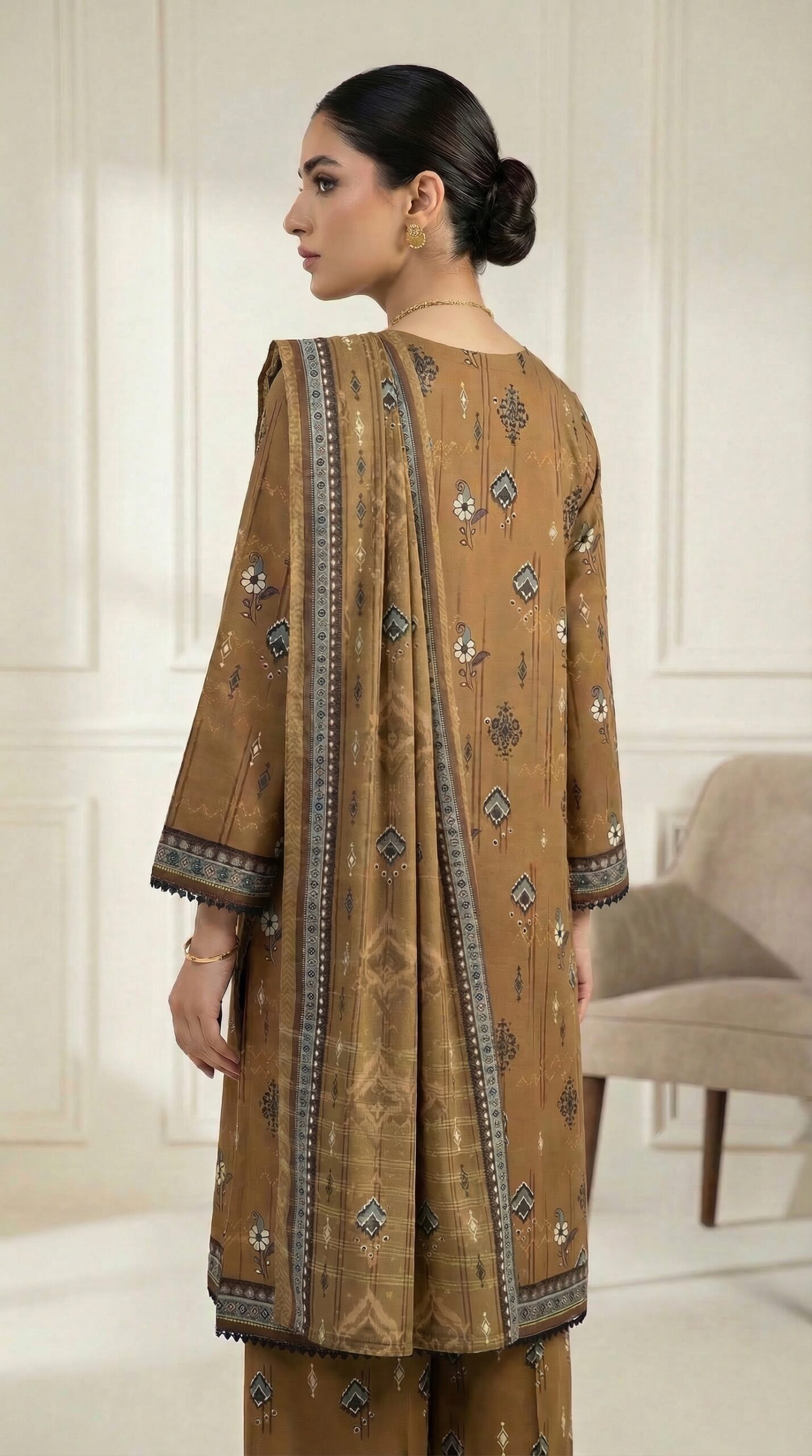 FB-291 | Brown Mustard | 3 Pcs Unstitch With Cotton Trouser - Image 2