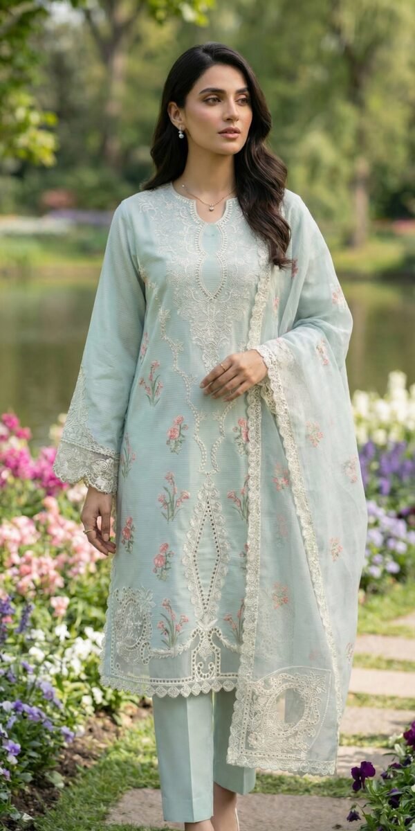 FB-275 | Seafoam Mist | 3 Pcs Unstitch With Cotton Trouser
