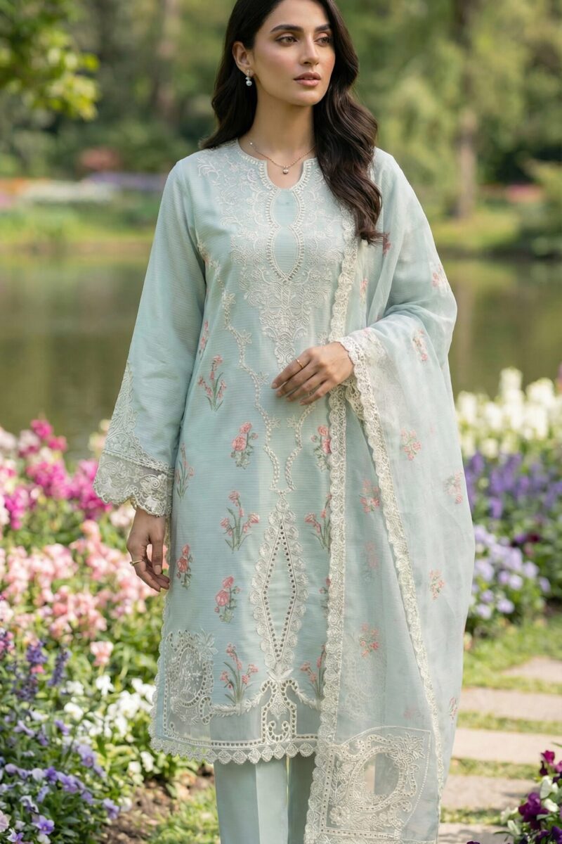 FB-275 | Seafoam Mist | 3 Pcs Unstitch With Cotton Trouser