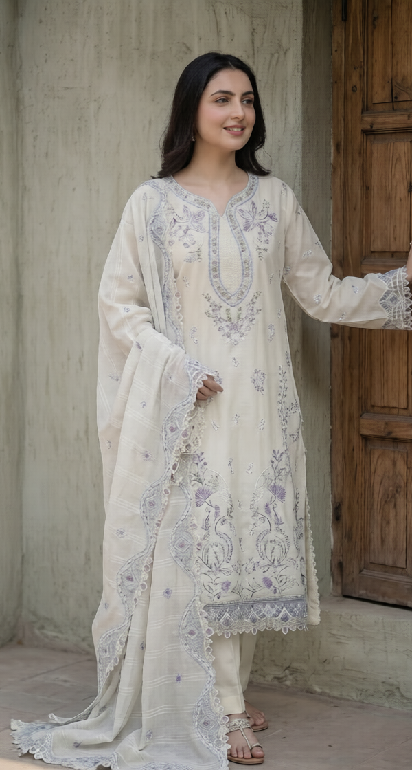 FB-285 | Creamy Ivory | 3 Pcs Unstitch With Cotton Trouser