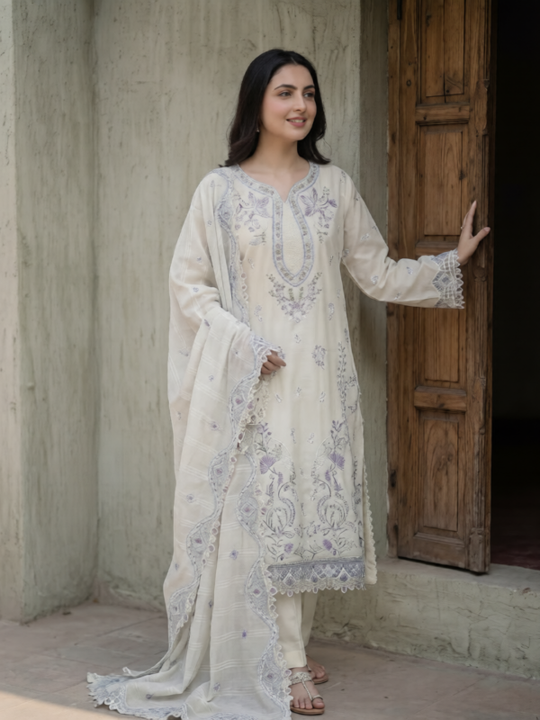 FB-285 | Creamy Ivory | 3 Pcs Unstitch With Cotton Trouser