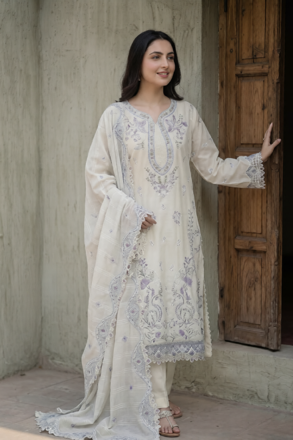 FB-285 | Creamy Ivory | 3 Pcs Unstitch With Cotton Trouser