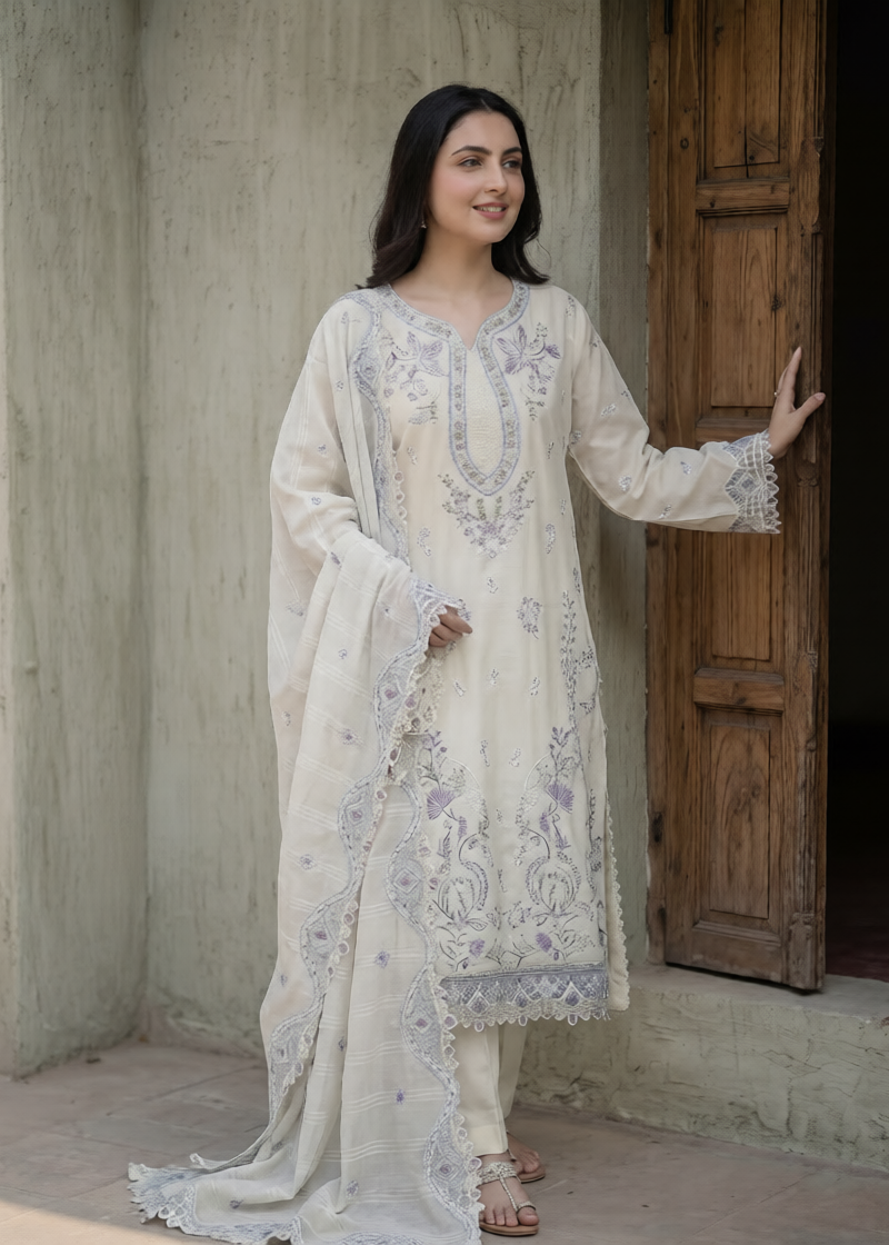 FB-285 | Creamy Ivory | 3 Pcs Unstitch With Cotton Trouser