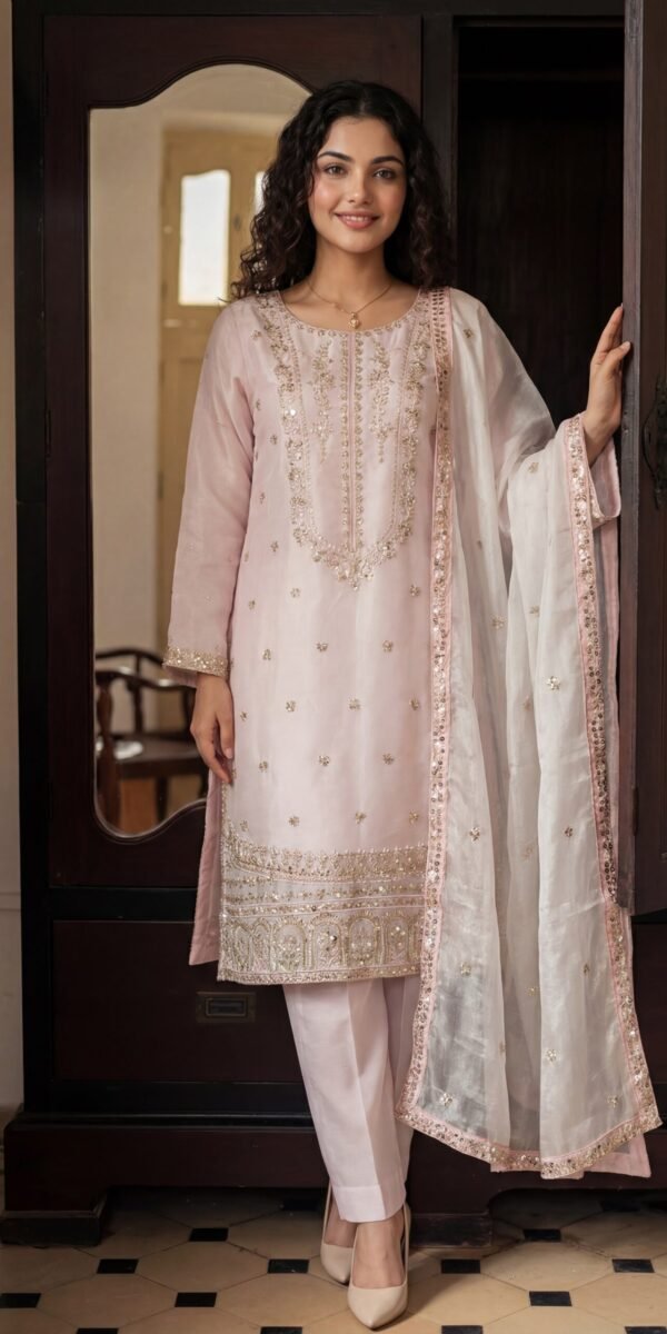 FB-287 | Lilac Ash | 3 Pcs Luxury Shesha Silk Embroidered Suit