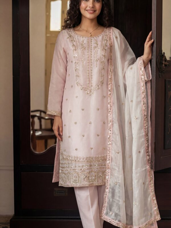 FB-287 | Lilac Ash | 3 Pcs Luxury Shesha Silk Embroidered Suit