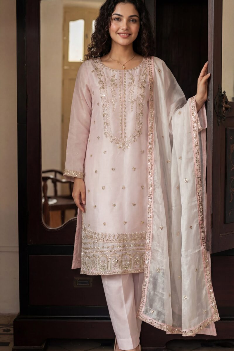 FB-287 | Lilac Ash | 3 Pcs Luxury Shesha Silk Embroidered Suit