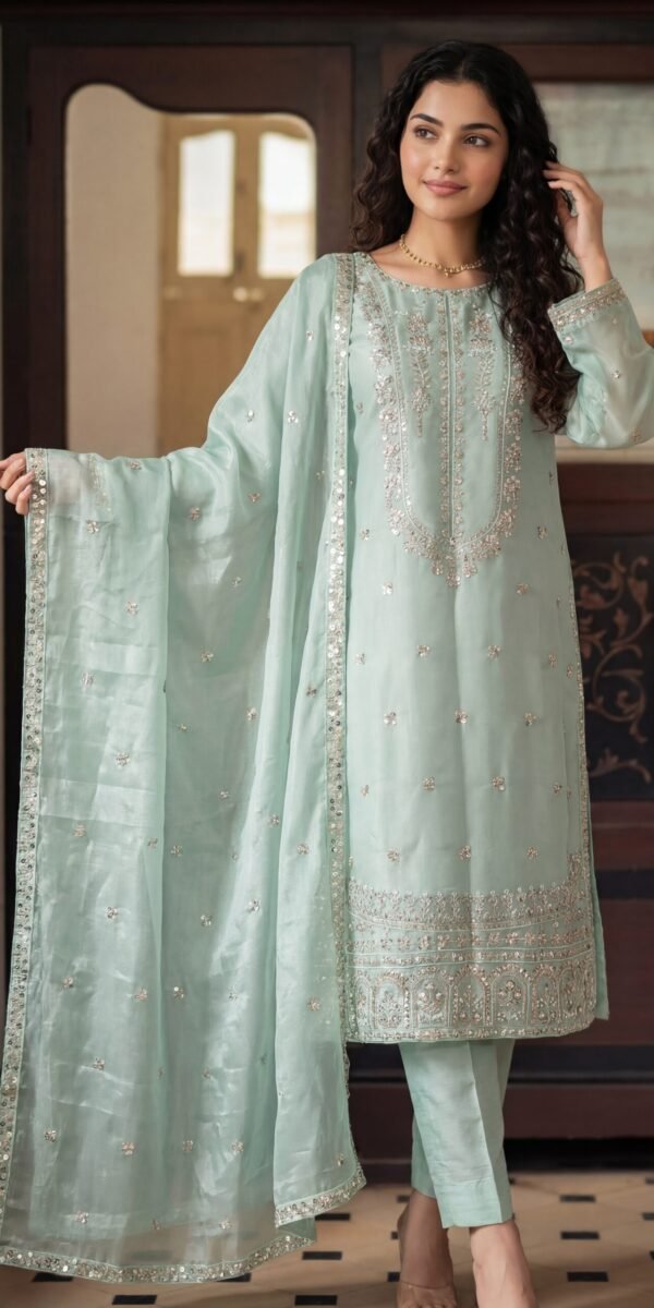 FB-287 | Frosted Pistachio | 3 Pcs Luxury Shesha Silk Embroidered Suit