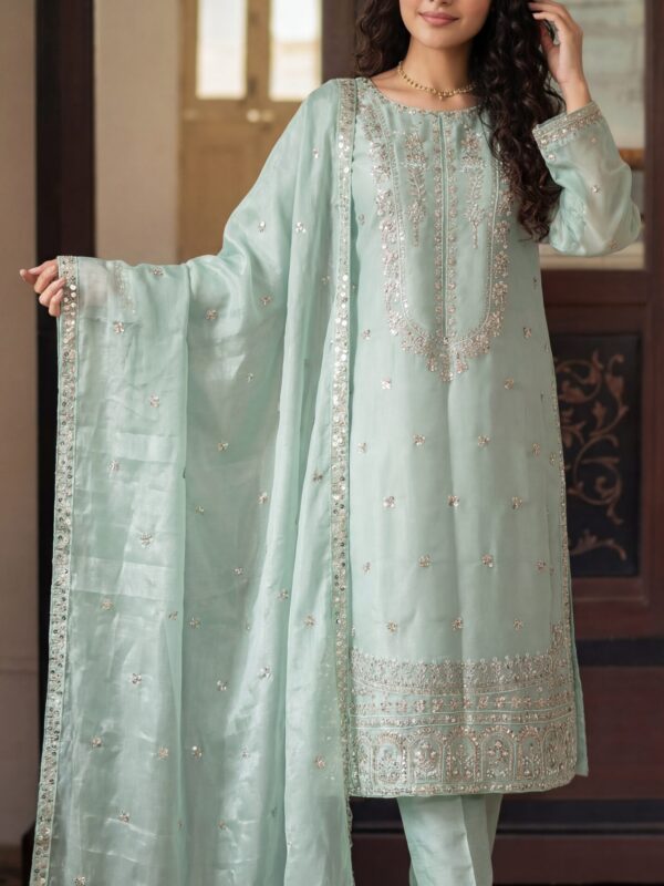 FB-287 | Frosted Pistachio | 3 Pcs Luxury Shesha Silk Embroidered Suit