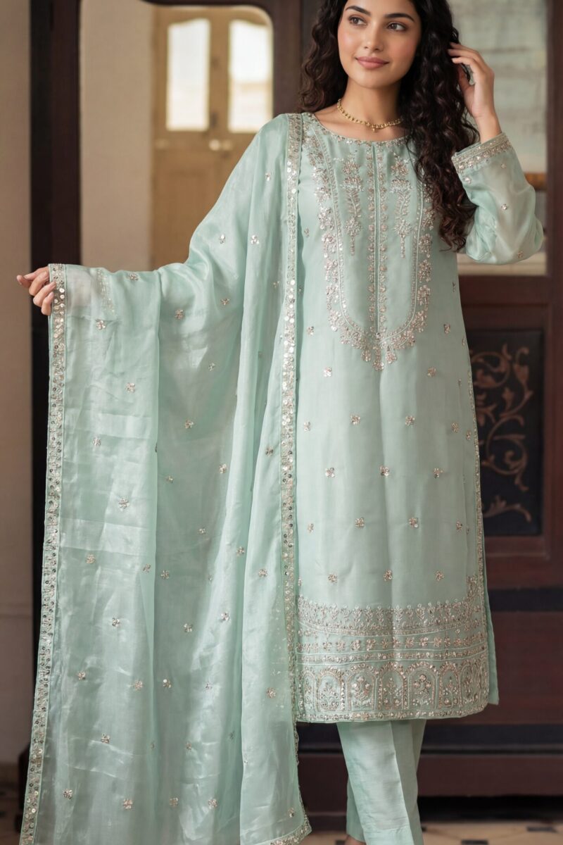 FB-287 | Frosted Pistachio | 3 Pcs Luxury Shesha Silk Embroidered Suit