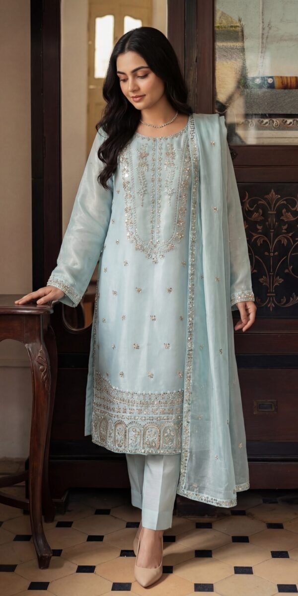 FB-287 | Glacier Mist | 3 Pcs Luxury Shesha Silk Embroidered Suit