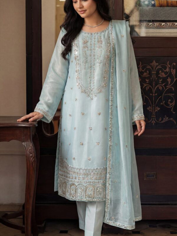 FB-287 | Glacier Mist | 3 Pcs Luxury Shesha Silk Embroidered Suit