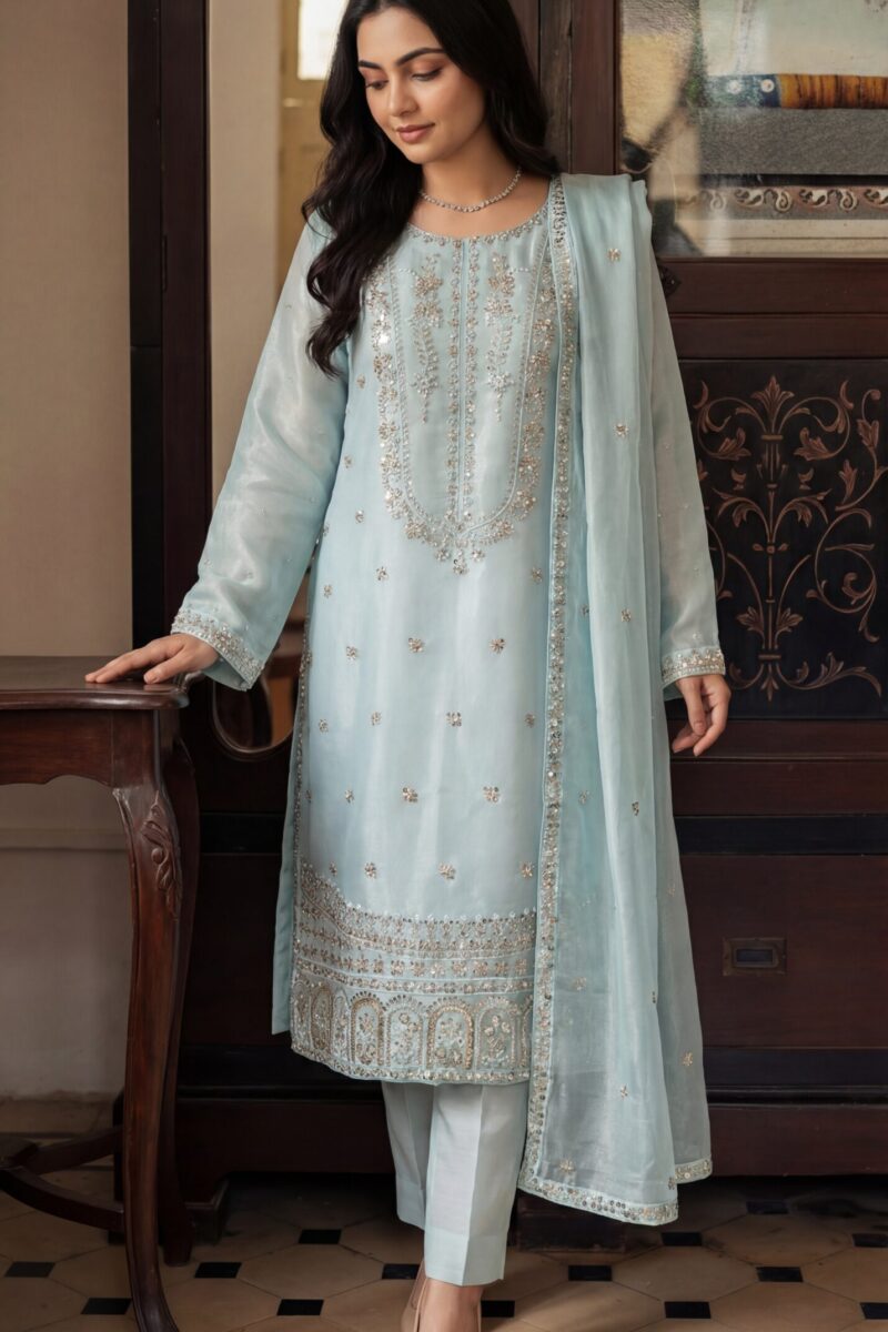 FB-287 | Glacier Mist | 3 Pcs Luxury Shesha Silk Embroidered Suit