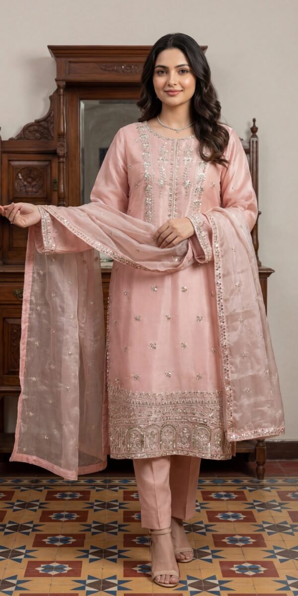 FB-287 | Misty Rose | 3 Pcs Luxury Shesha Silk Embroidered Suit