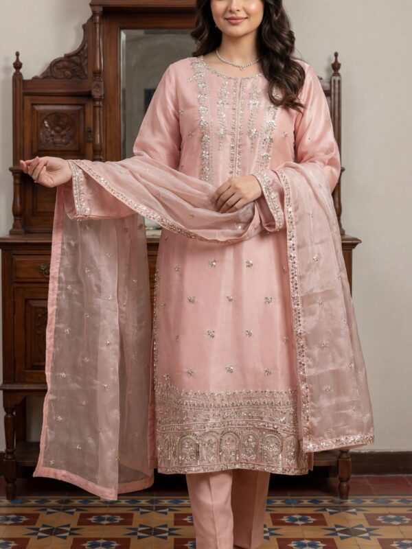 FB-287 | Misty Rose | 3 Pcs Luxury Shesha Silk Embroidered Suit