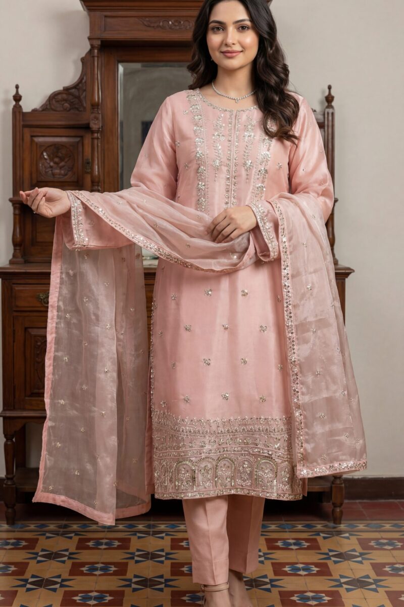FB-287 | Misty Rose | 3 Pcs Luxury Shesha Silk Embroidered Suit
