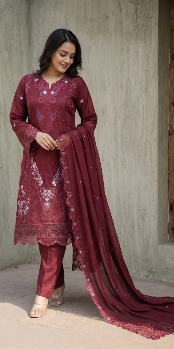 FB-290 | Burgundy Red | 3 Pcs Unstitch With Cotton Trouser