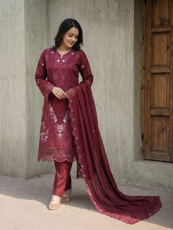 FB-290 | Burgundy Red | 3 Pcs Unstitch With Cotton Trouser