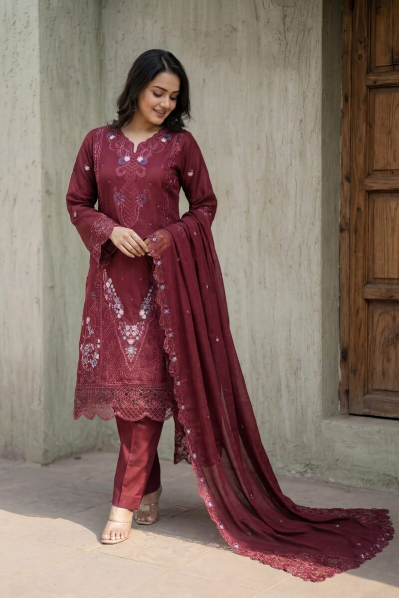 FB-290 | Burgundy Red | 3 Pcs Unstitch With Cotton Trouser
