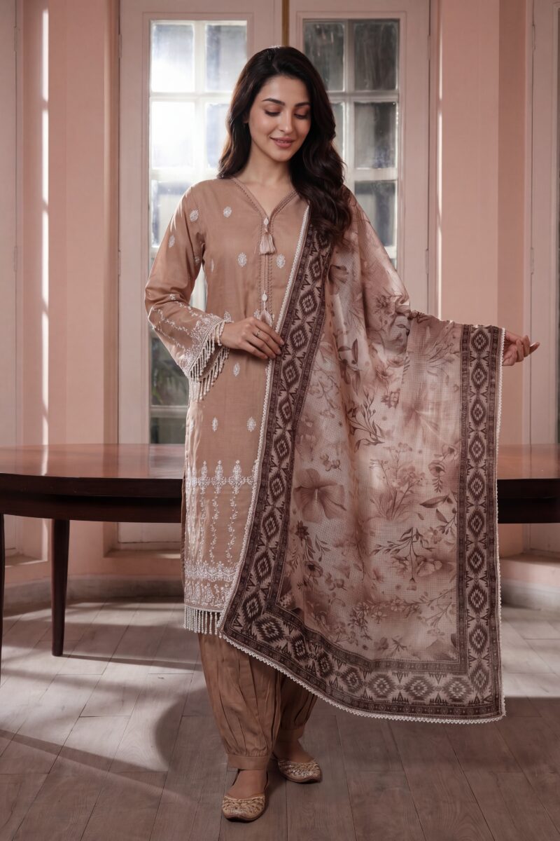 FB-305 | Mocha Mist | 3 Pcs Unstitch With Cotton Trouser