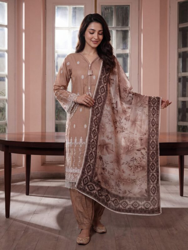 FB-305 | Mocha Mist | 3 Pcs Unstitch With Cotton Trouser