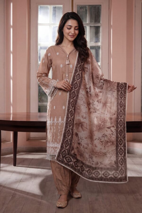 FB-305 | Mocha Mist | 3 Pcs Unstitch With Cotton Trouser