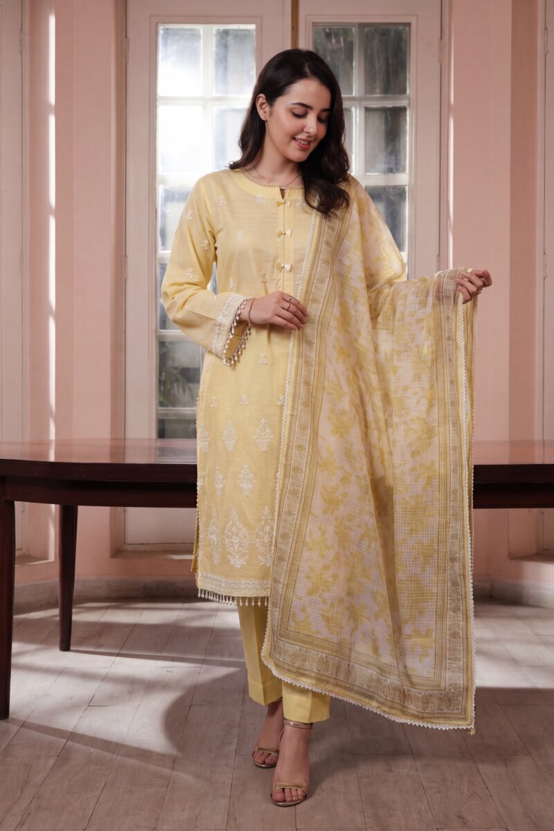 FB-307 | Lemon Frost | 3 Pcs Unstitch With Cotton Trouser