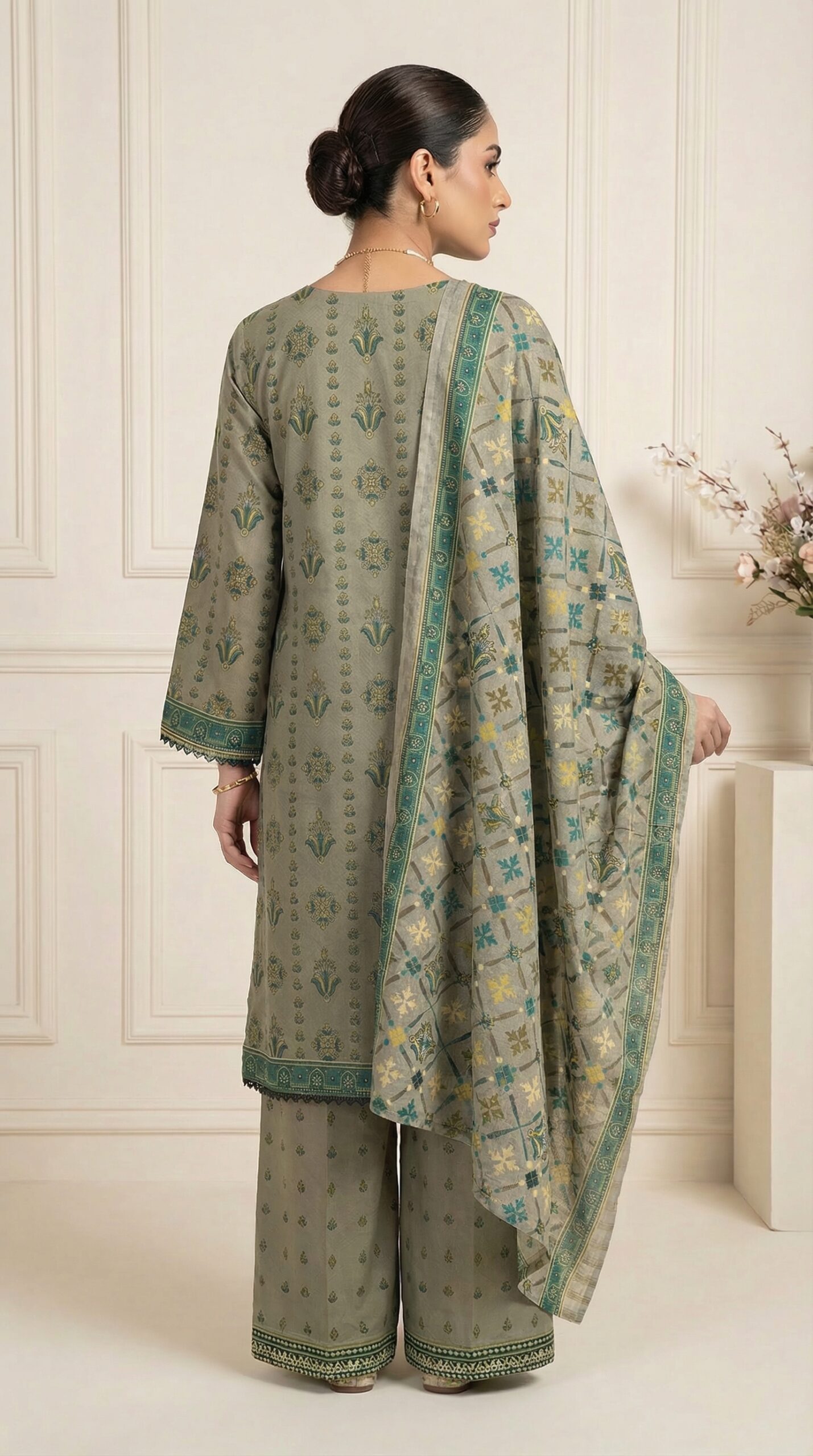 FB-291 | Muted Olive | 3 Pcs Unstitch With Cotton Trouser - Image 2