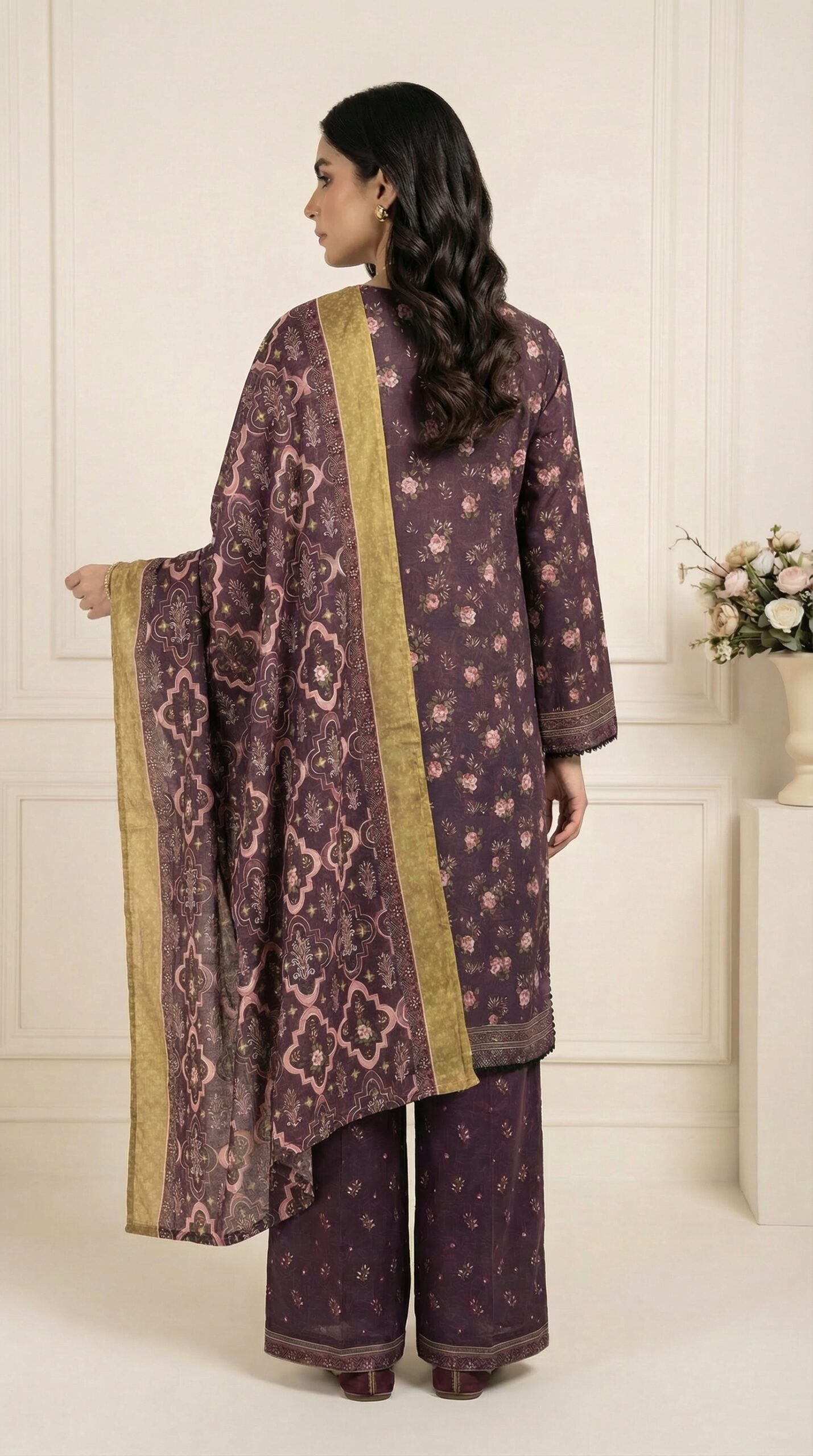 FB-291 | Deep Plum | 3 Pcs Unstitch With Cotton Trouser - Image 2