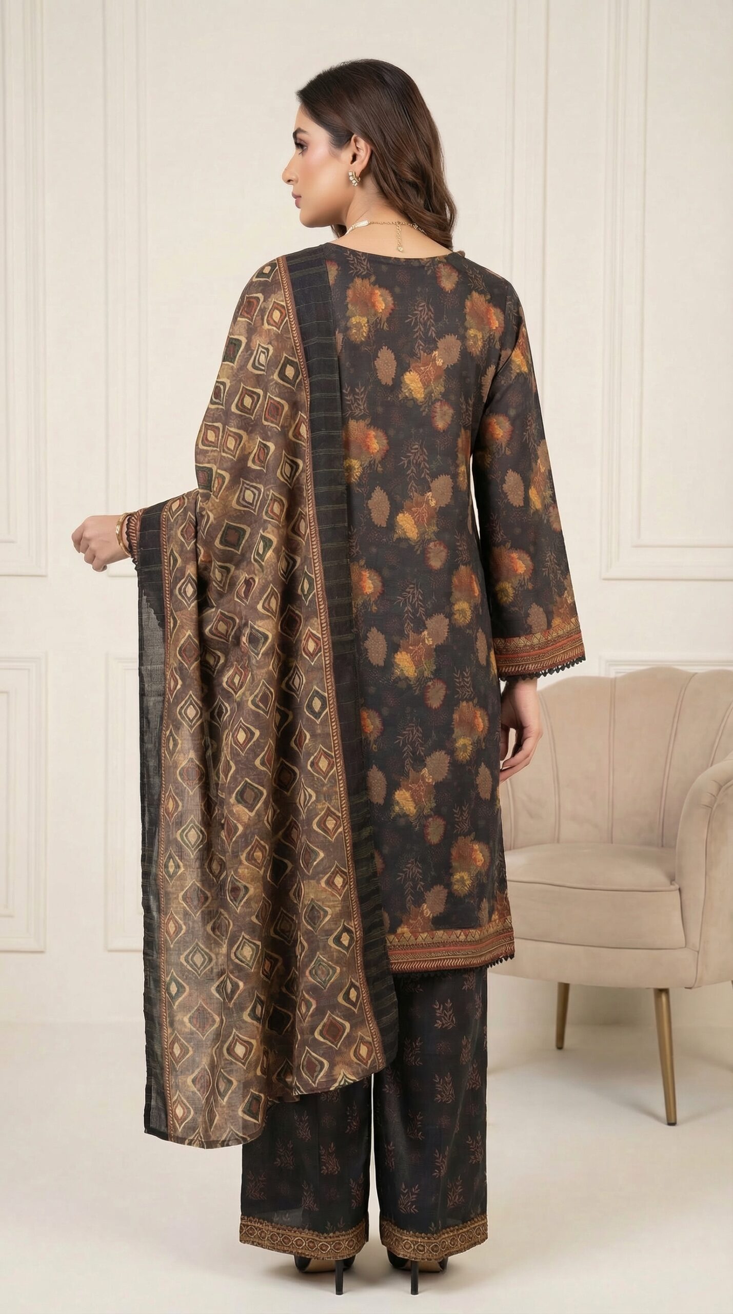 FB-291 | Dark Brown Floral | 3 Pcs Unstitch With Cotton Trouser - Image 2