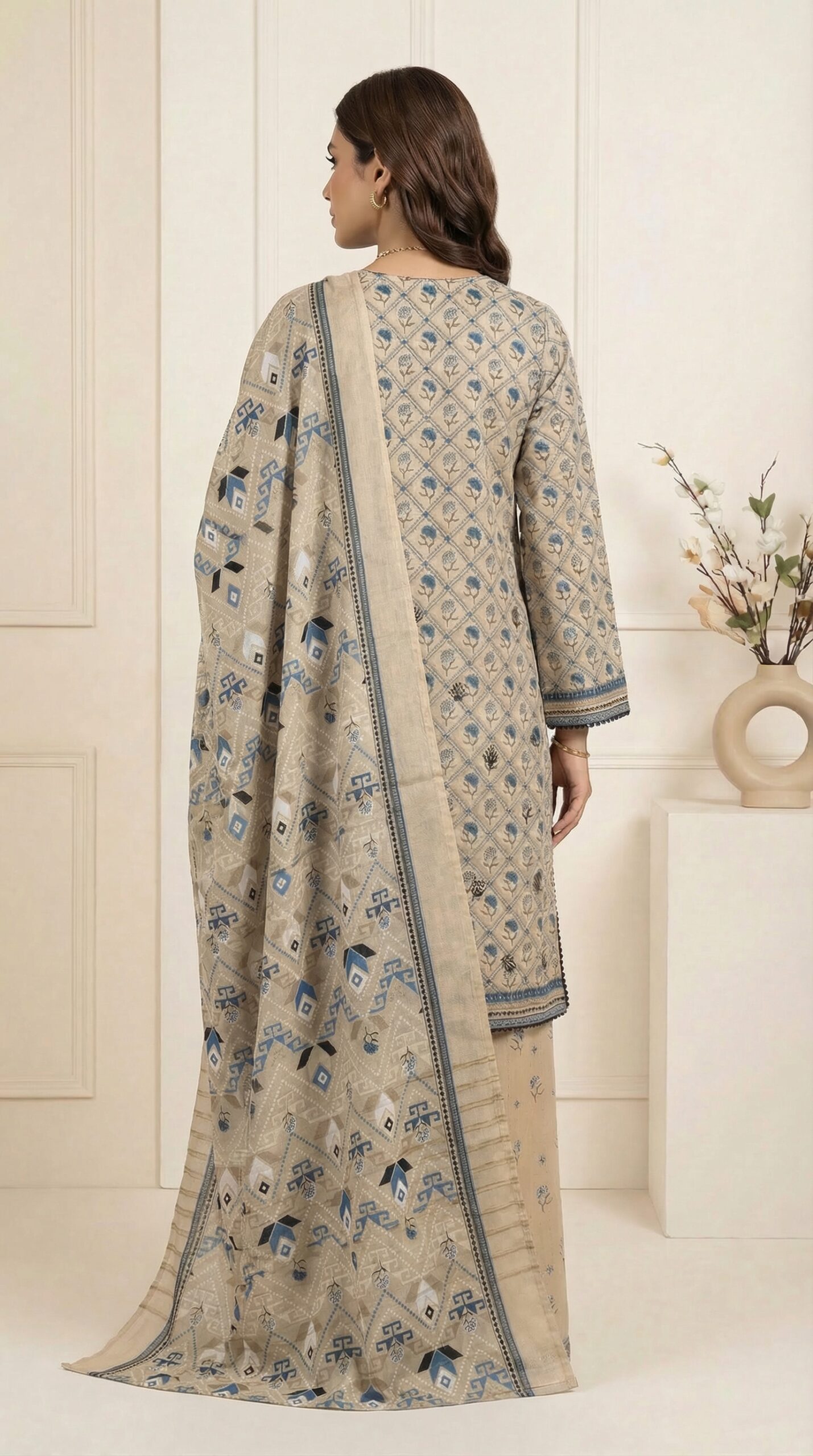 FB-291 | Sand Beige | 3 Pcs Unstitch With Cotton Trouser - Image 2