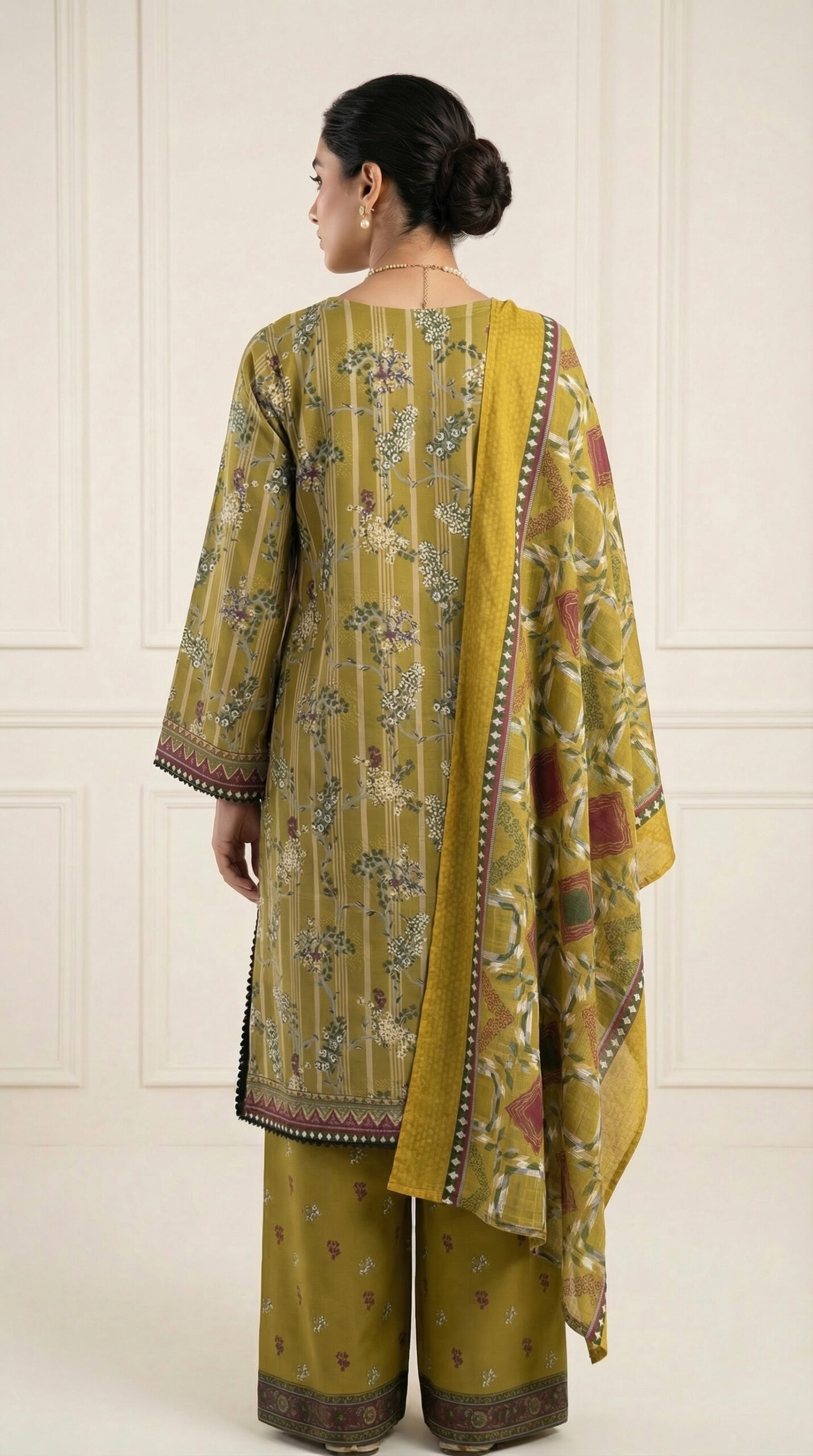 FB-291 | Mustard Olive | 3 Pcs Unstitch With Cotton Trouser - Image 2