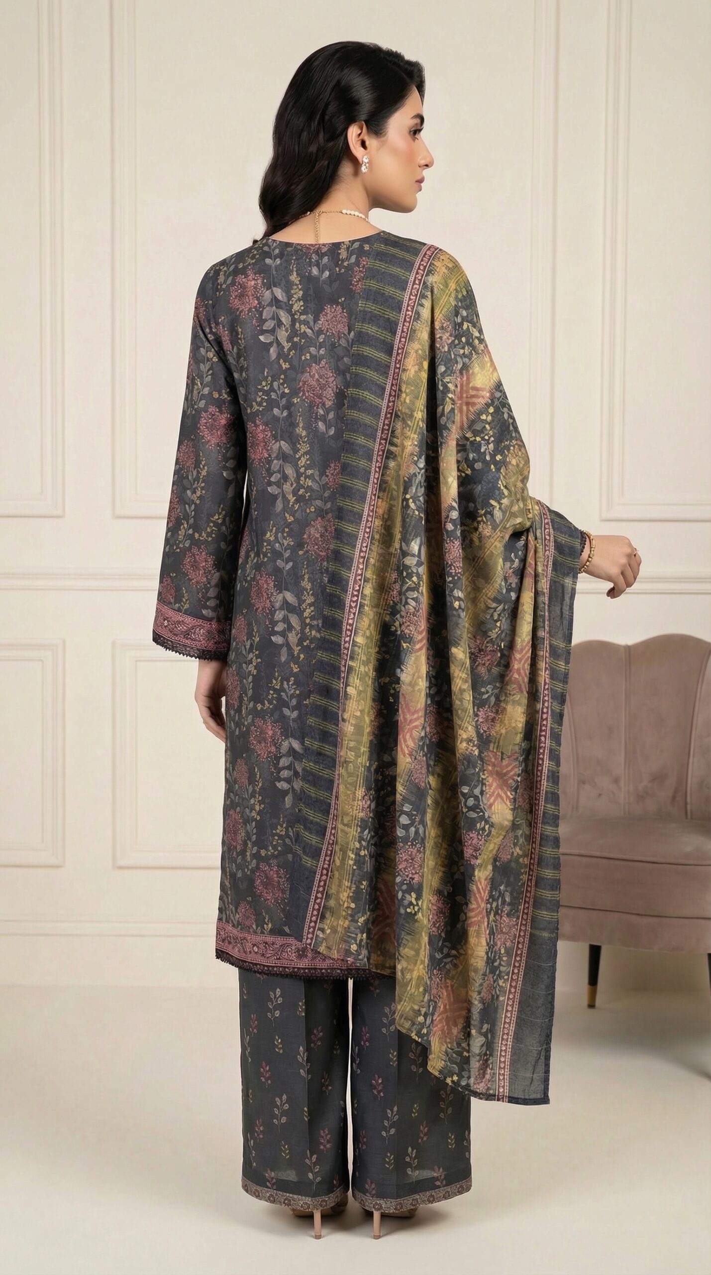FB-291 | Charcoal Bloom | 3 Pcs Unstitch With Cotton Trouser - Image 2