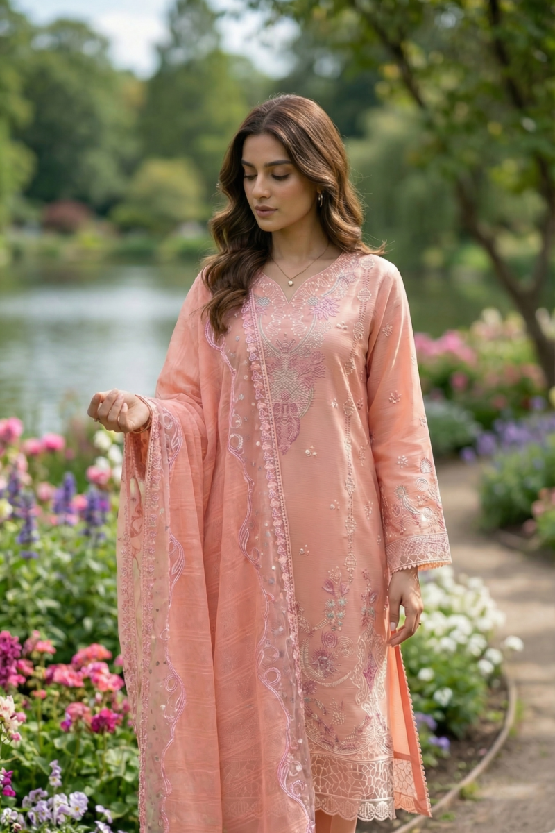 FB-277 | Peach Nectar | 3 Pcs Unstitch With Cotton Trouser