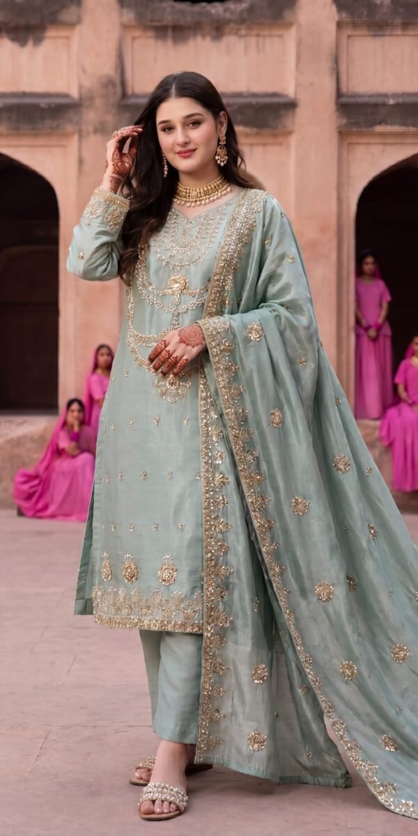 FB-316 | Sage Green | 3 Pcs Luxury Shesha Silk Embroidered Suit