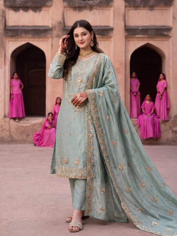 FB-316 | Sage Green | 3 Pcs Luxury Shesha Silk Embroidered Suit