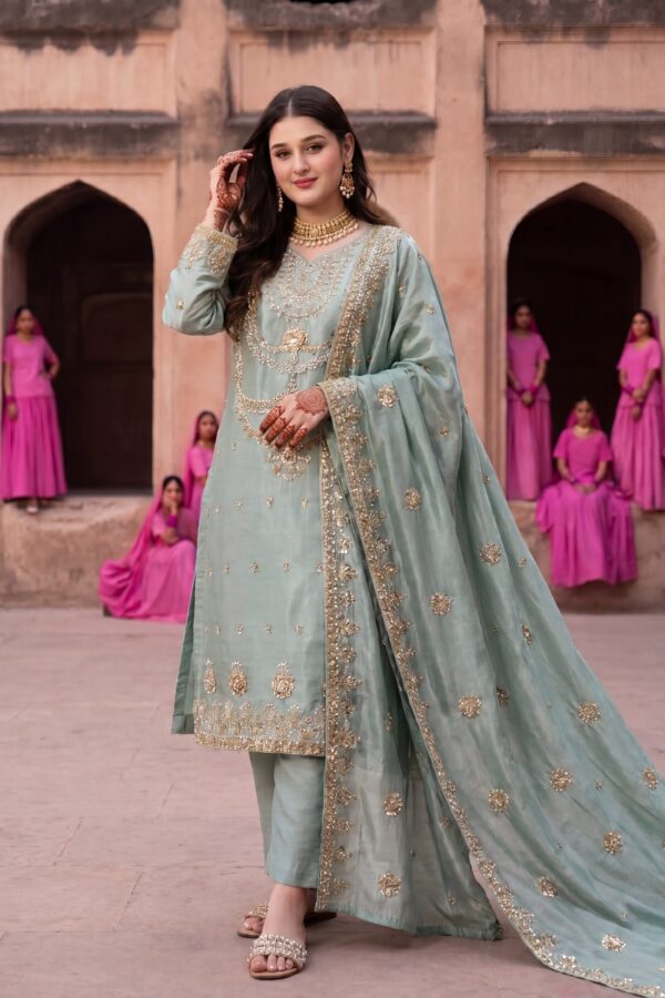 FB-316 | Sage Green | 3 Pcs Luxury Shesha Silk Embroidered Suit