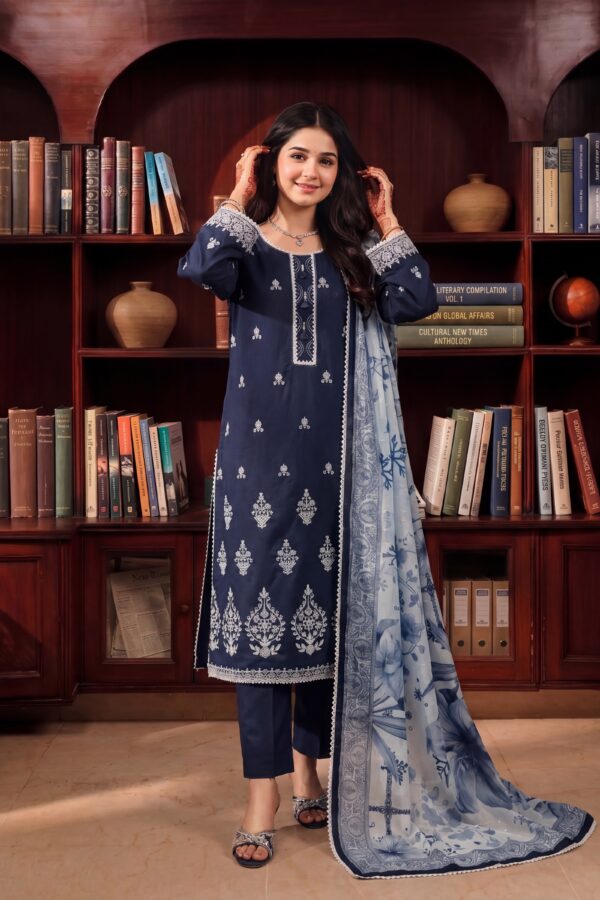 FB-347 | Navy Blue | 3 Pcs Unstitch With Cotton Trouser