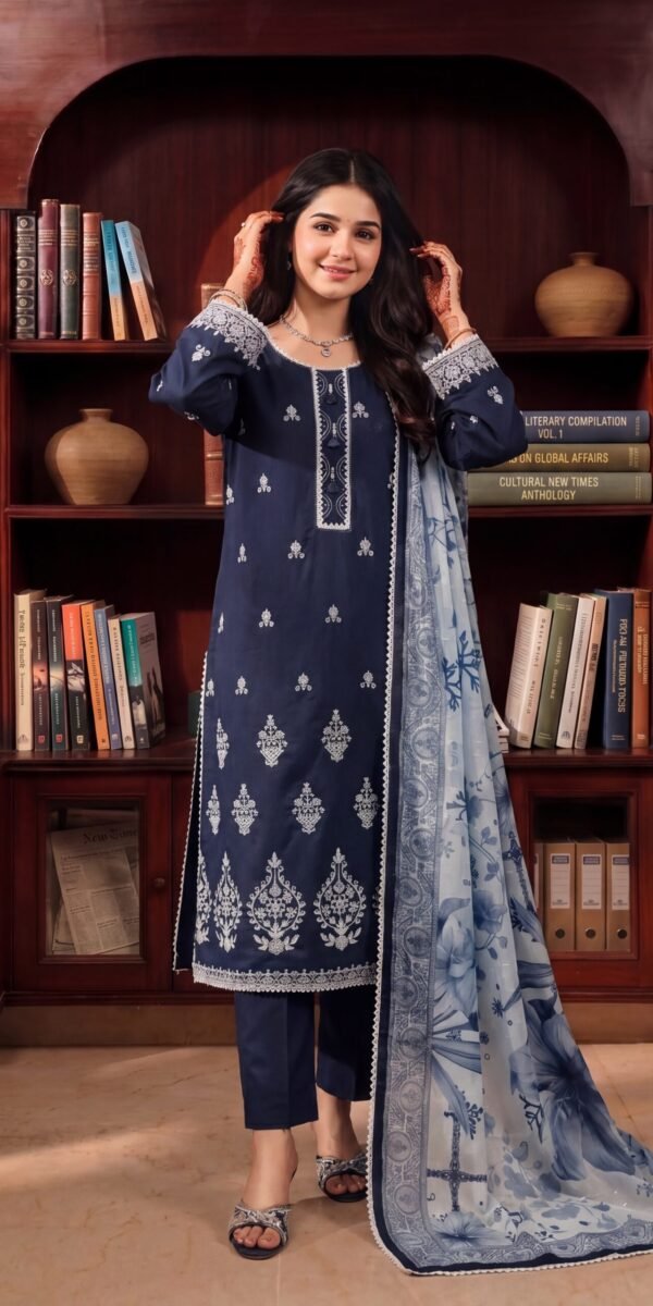 FB-347 | Navy Blue | 3 Pcs Unstitch With Cotton Trouser