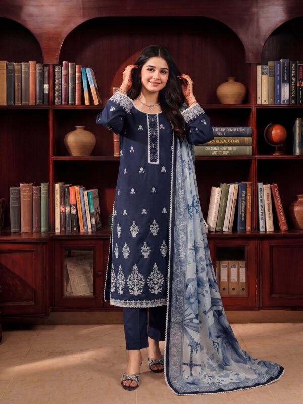 FB-347 | Navy Blue | 3 Pcs Unstitch With Cotton Trouser