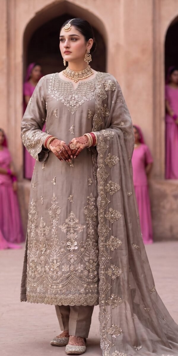 FB-314 | Mushroom Taupe | 3 Pcs Luxury Shesha Silk Embroidered Suit