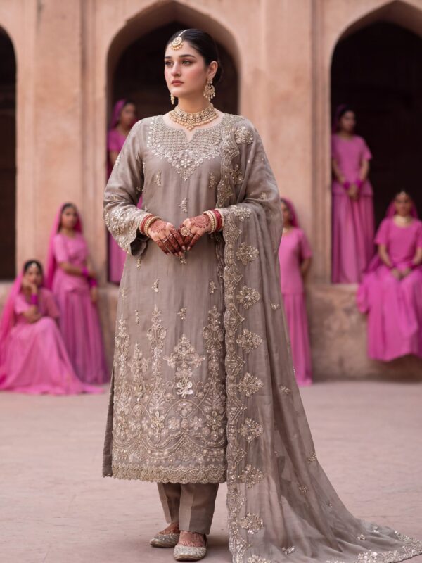 FB-314 | Mushroom Taupe | 3 Pcs Luxury Shesha Silk Embroidered Suit