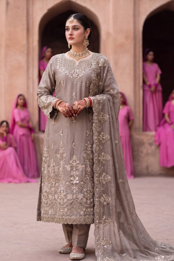FB-314 | Mushroom Taupe | 3 Pcs Luxury Shesha Silk Embroidered Suit