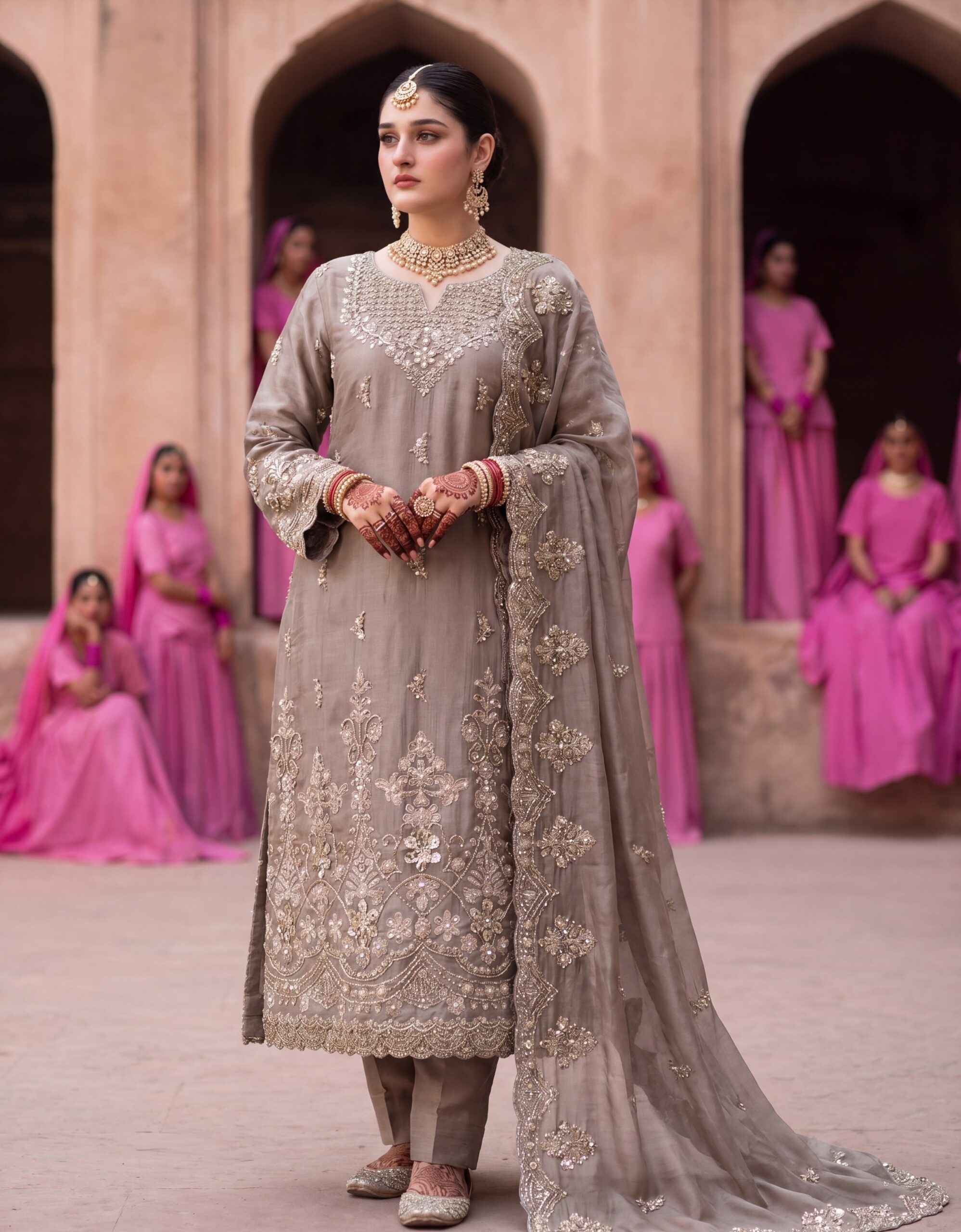 FB-314 | Mushroom Taupe | 3 Pcs Luxury Shesha Silk Embroidered Suit