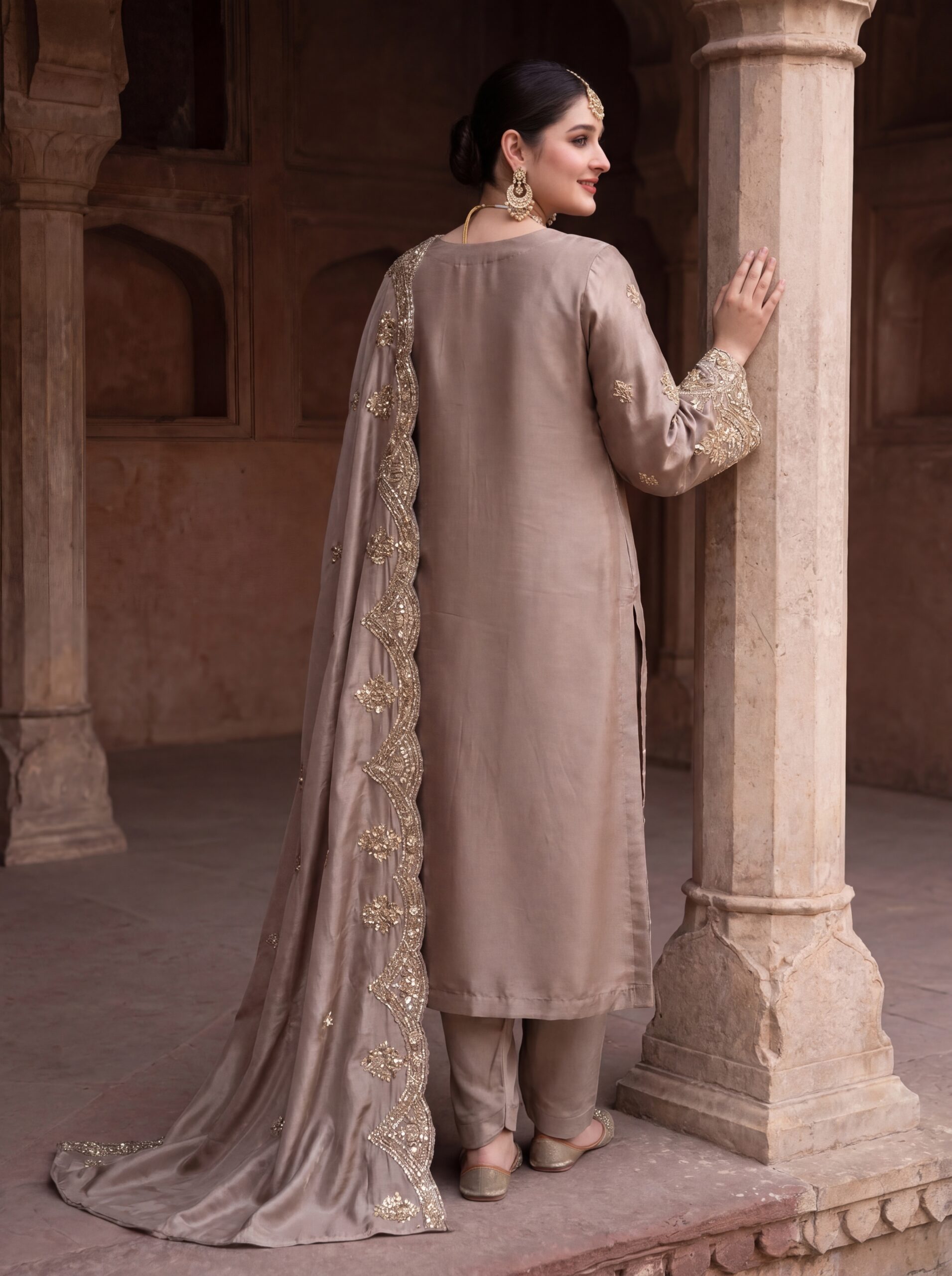 FB-314 | Mushroom Taupe | 3 Pcs Luxury Shesha Silk Embroidered Suit - Image 2