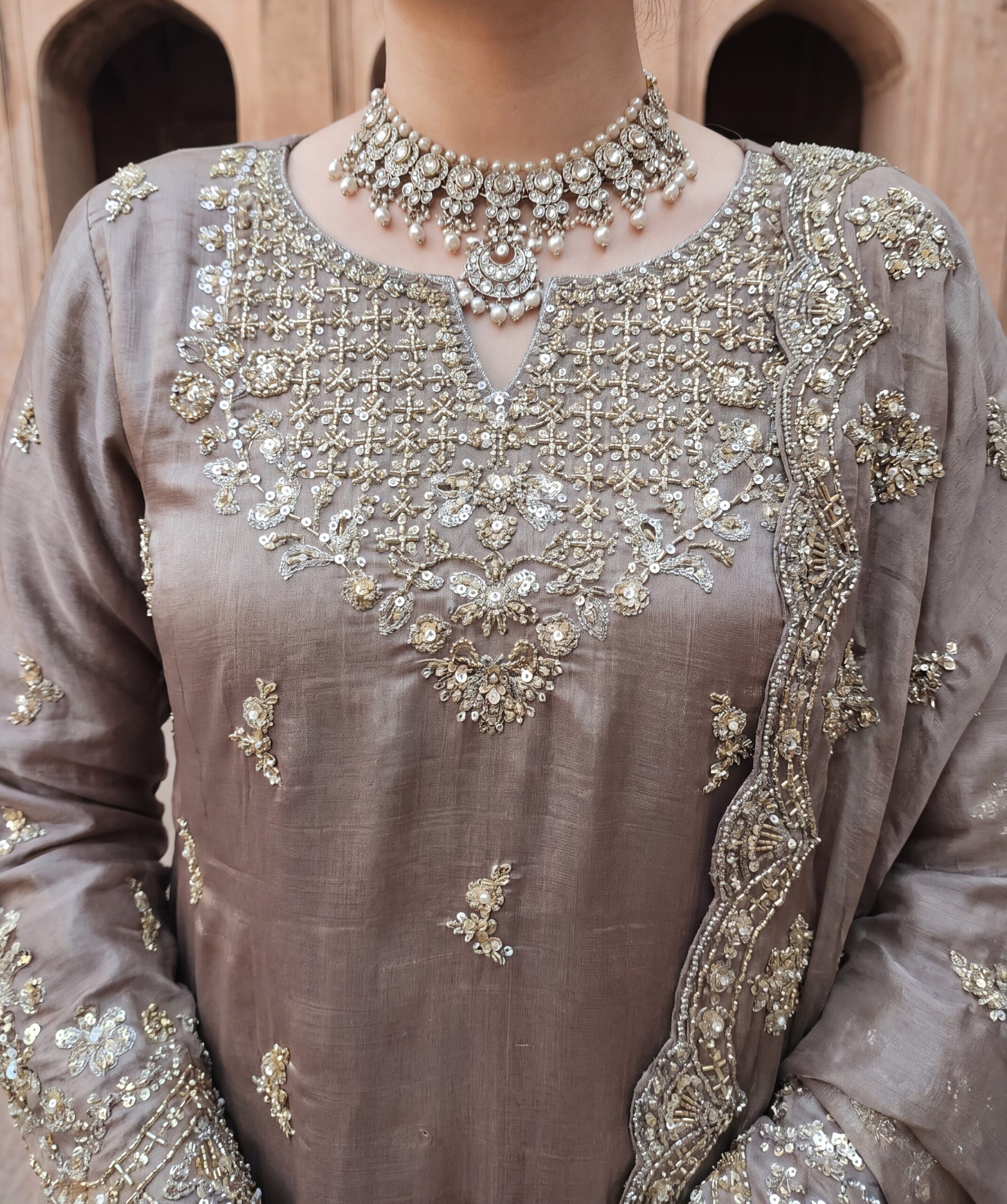 FB-314 | Mushroom Taupe | 3 Pcs Luxury Shesha Silk Embroidered Suit - Image 5