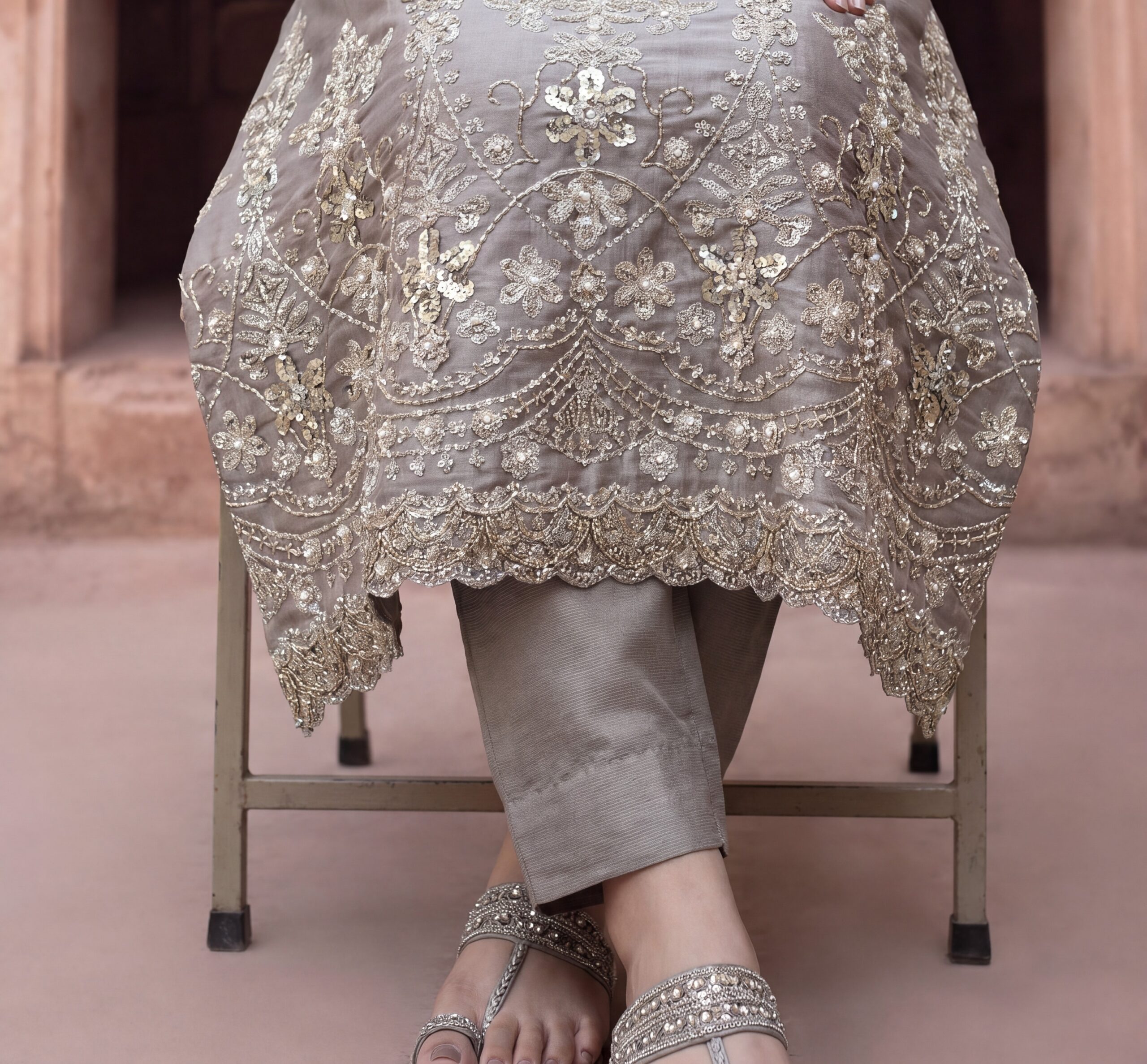 FB-314 | Mushroom Taupe | 3 Pcs Luxury Shesha Silk Embroidered Suit - Image 4
