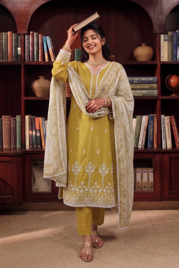FB-350 | Lime Gold | 3 Pcs Unstitch With Cotton Trouser