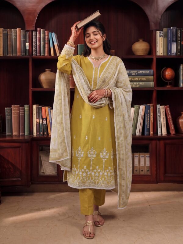 FB-350 | Lime Gold | 3 Pcs Unstitch With Cotton Trouser