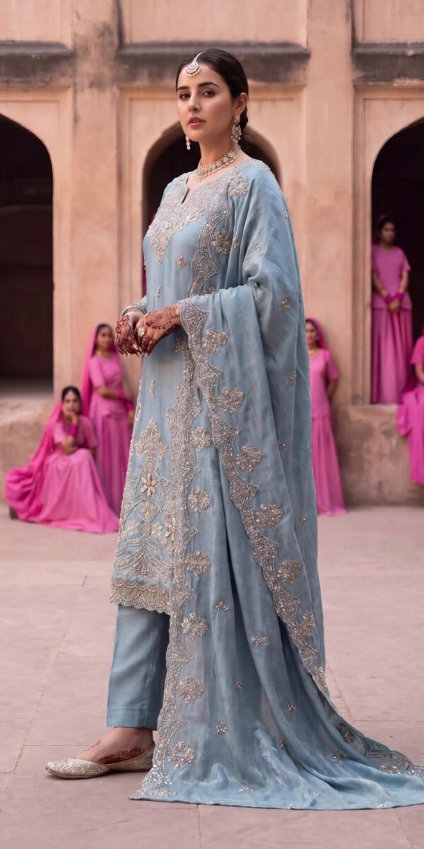 FB-314 | Dusty Blue | 3 Pcs Luxury Shesha Silk Embroidered Suit